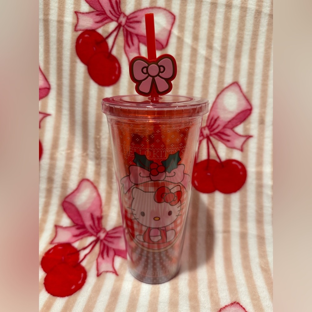 Hello Kitty Red and Pink Holiday Tumbler with Bow Straw